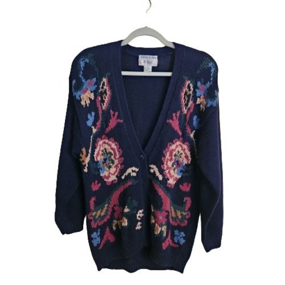 Lee David Collection Vintage V Neck Grandma Long Line Cardigan Sweater Size M